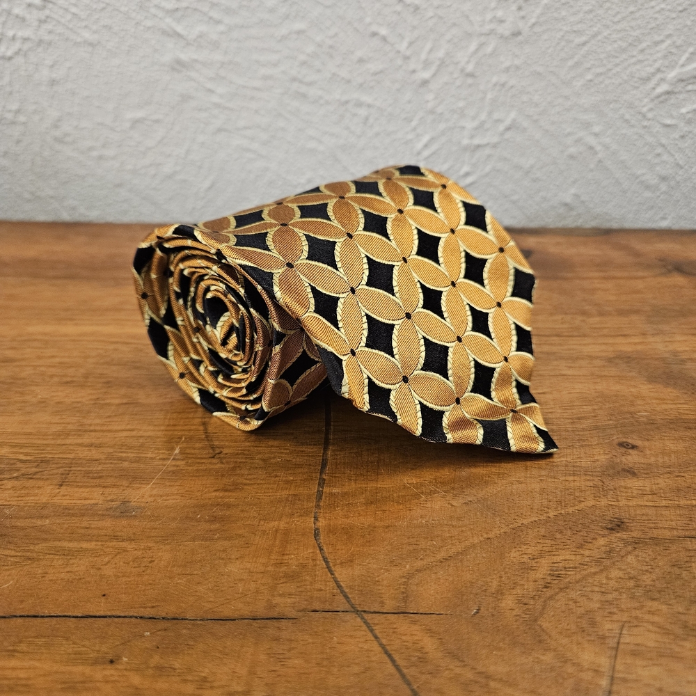 Ermenegildo Zegna Tie 100% Silk Gold Black Circle Geometric Made in Italy